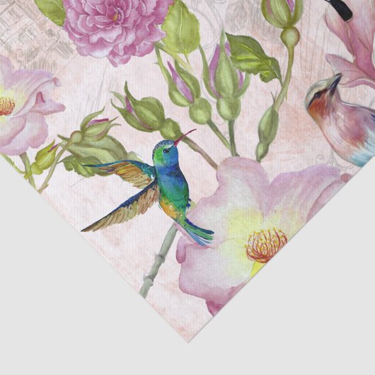  Roos bloemen en vogelpatroon Tissuepapier (Detail)