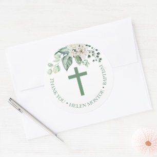 Roos bloemen Eucalyptus Baptisme Hartelijk dank Ronde Sticker