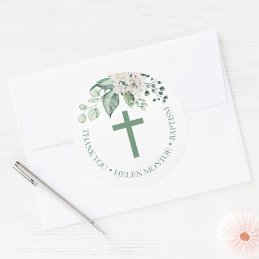 Roos bloemen Eucalyptus Baptisme Hartelijk dank Ronde Sticker (Envelop)