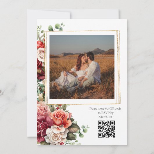 Roos Bloemen Eucalyptus QR Code Huwelijk Kaart (Achterkant)