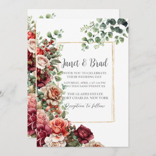 Roos Bloemen Eucalyptus QR Code Huwelijk Kaart (Voorkant / Achterkant)