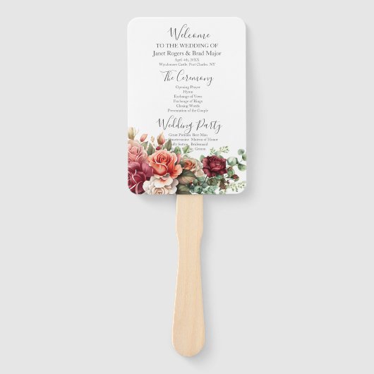 Roos Bloemen Eucalyptus Trouwprogramma Handwaaier (Voorkant)