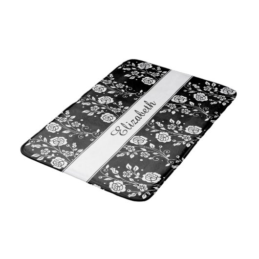 Roos bloemen Floral Pattern Black & White Name Badmat (Gekanteld)