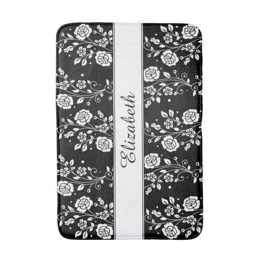 Roos bloemen Floral Pattern Black & White Name Badmat (Voorkant Verticaal)