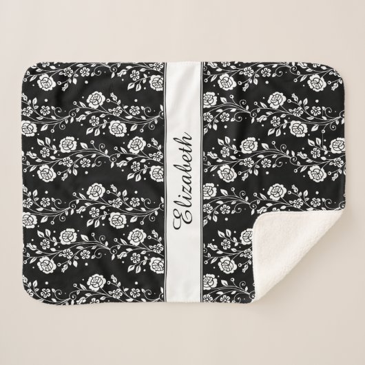Roos bloemen Floral Pattern Black & White Name Sherpa Deken (Voorkant (horizontaal))