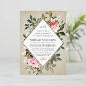  Roos Bloemen Groen Bruiloft Uitnodigingen (Staand voorkant)