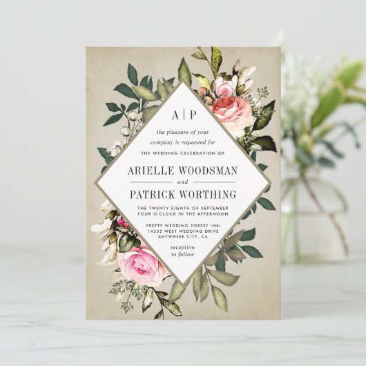  Roos Bloemen Groen Bruiloft Uitnodigingen (Staand voorkant)