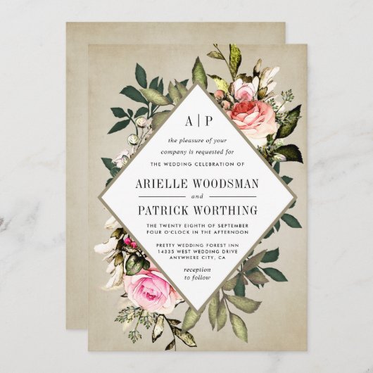 Roos Bloemen Groen Bruiloft Uitnodigingen (Voorkant / Achterkant)