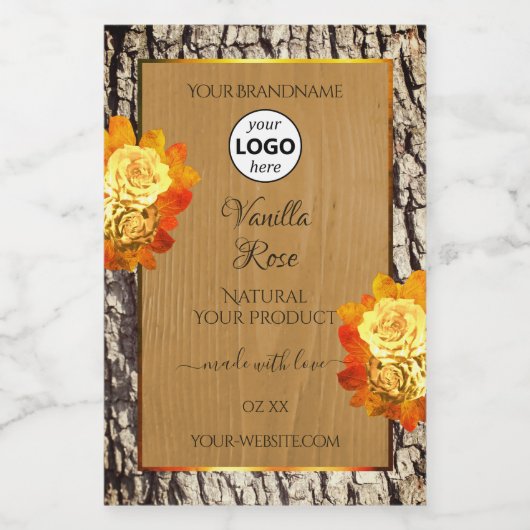 Roos bloemen Logo Etiket natuurlijk houten graan (Enkel label)