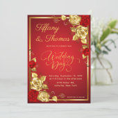Roos Bloemen Rood en Goud Huwelijksthema Kaart (Staand voorkant)