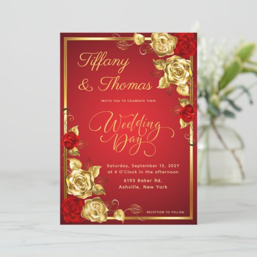 Roos Bloemen Rood en Goud Huwelijksthema Kaart (Staand voorkant)