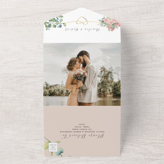 Roos Bloemen Stoffig Roze Bruiloft All In One Uitnodiging (Buitenkant)