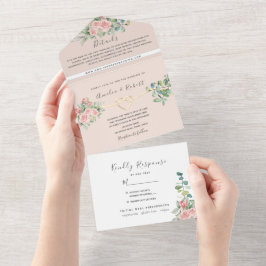 Roos Bloemen Stoffig Roze Bruiloft All In One Uitnodiging