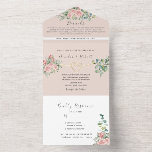 Roos Bloemen Stoffig Roze Bruiloft All In One Uitnodiging (Binnen)