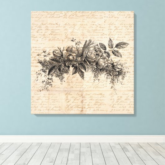 Roos bloemen  tekenachtergrond canvas afdruk (Insitu (Houten vloer))