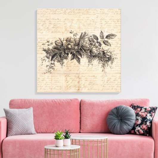 Roos bloemen  tekenachtergrond canvas afdruk (Insitu (Woonkamer))