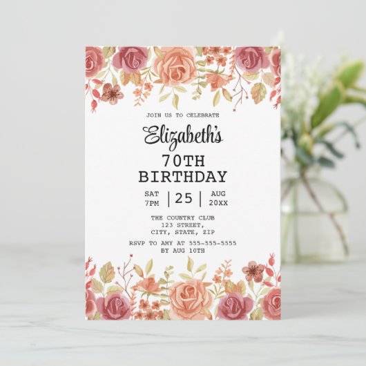 Roos Bloemen Terracotta Bruin 70e Verjaardag Kaart (Staand voorkant)