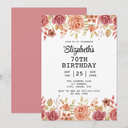 Roos Bloemen Terracotta Bruin 70e Verjaardag Kaart (Voorkant / Achterkant)