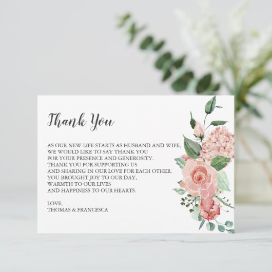 Roos Bloemen Waterverf Bruiloft Dank u kaart (Staand voorkant)