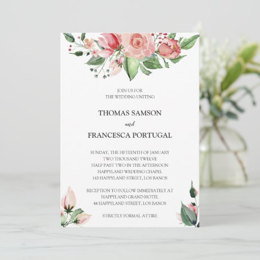 Roos Bloemen Waterverf bruiloft uitnodiging (Staand voorkant)