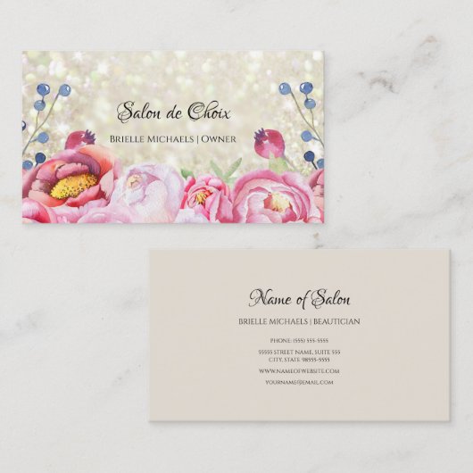 Roos Bloemen Witte Glitter Sparkle Haar en Schoonh Visitekaartje (Voorkant / Achterkant)