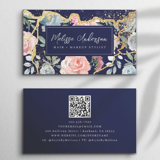 Roos Bloemenagaat Gouden Glitter QR Code Visitekaartje
