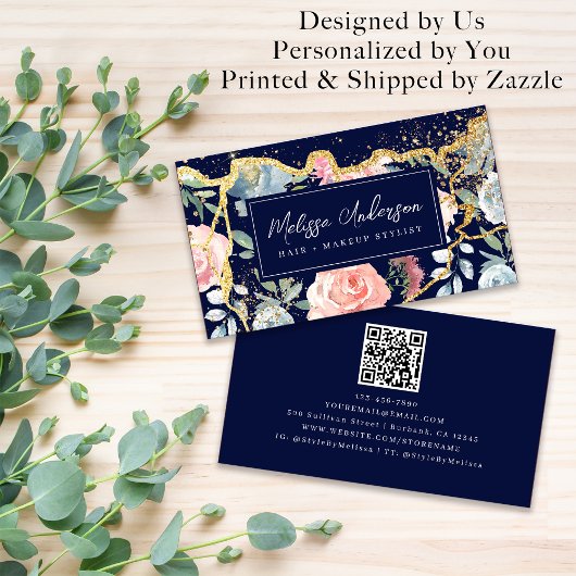 Roos Bloemenagaat Gouden Glitter QR Code Visitekaartje