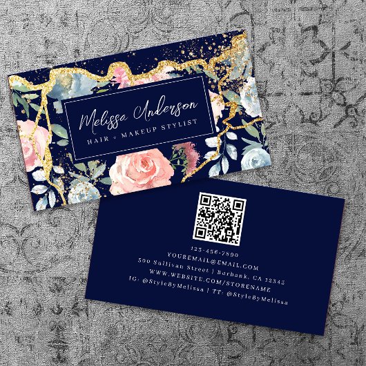 Roos Bloemenagaat Gouden Glitter QR Code Visitekaartje
