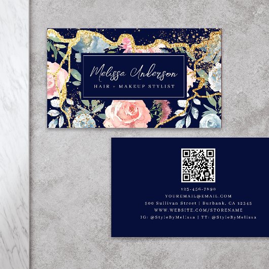 Roos Bloemenagaat Gouden Glitter QR Code Visitekaartje