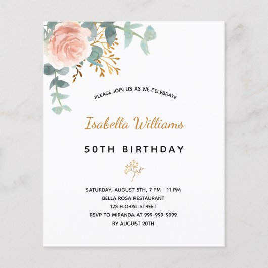 Roos bloemeneucalyptus budget verjaardagsuitnodigi (Voorkant)