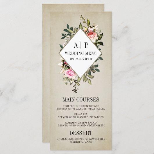  Roos Bloemengroen Bruiloft Menu Kaarten (Voorkant / Achterkant)