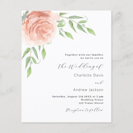 Roos bloemengroen QR RSVP trouwuitnodiging (Voorkant)