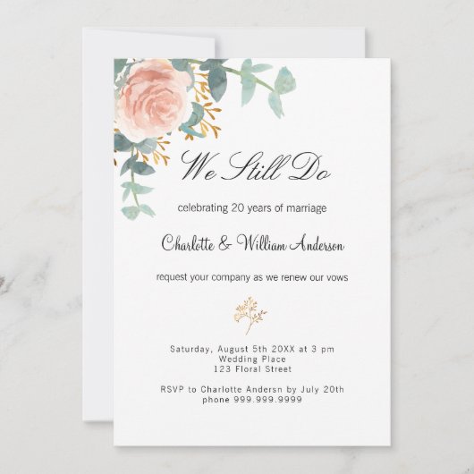 Roos bloemengroen roze gelofte vernieuwing bruilof kaart (Voorkant)