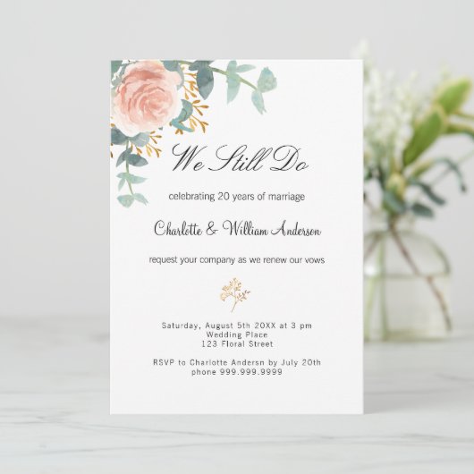 Roos bloemengroen roze gelofte vernieuwing bruilof kaart (Staand voorkant)