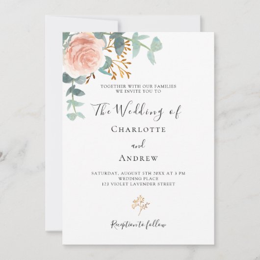 Roos bloemengroen roze QR details RSVP bruiloft Kaart (Voorkant)