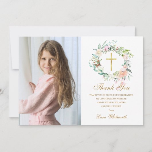 Roos Bloemenguirlande Bevestiging Foto Gouden Schr Bedankkaart (Voorkant)