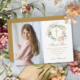 Roos Bloemenguirlande Bevestigingsfoto Gouden Scri Bedankkaart