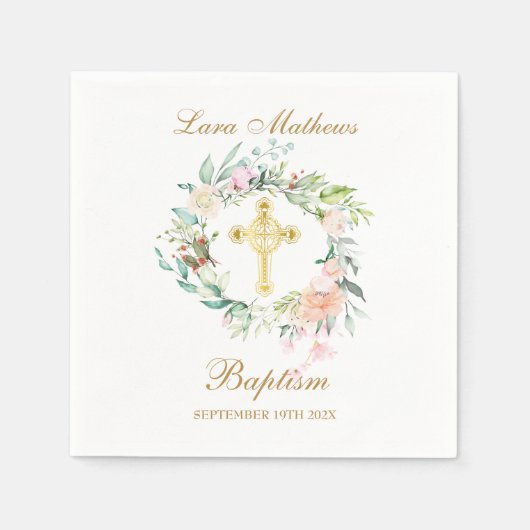 Roos Bloemenguirlande Gouden Kruis Doop Christenin Servet (Voorkant)