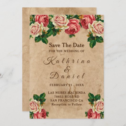 roos bloemenoud papier Save the Date Kaart (Voorkant / Achterkant)