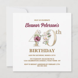 Roos Bloemige E 40e Verjaardagsfeestje Kaart