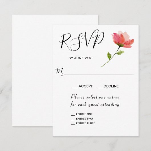 Roos Bloemige Elegante 3 Gang RSVP-reactiekaart RSVP Kaartje (Voorkant / Achterkant)