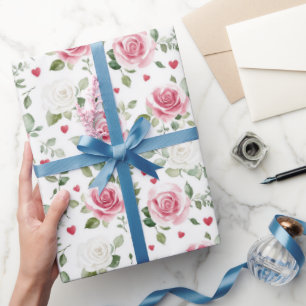 Roos Bloemige Harten Bruiloftsfeest Cadeaupapier