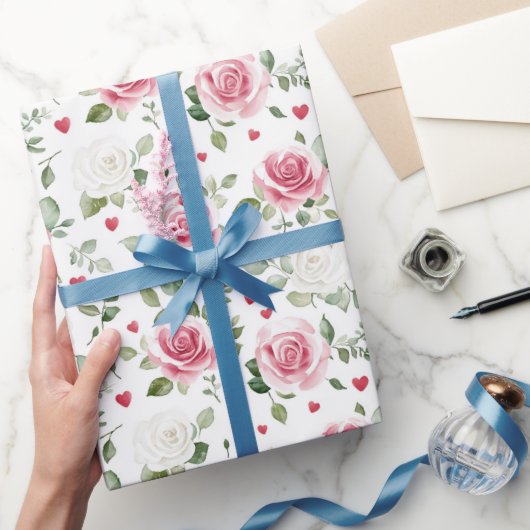 Roos Bloemige Harten Bruiloftsfeest Cadeaupapier (Geschenken)