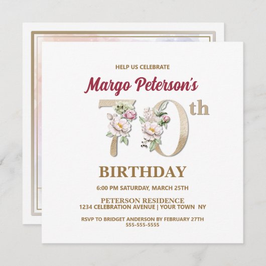 Roos Bloemige M 70e Verjaardagsfeest Uitnodiging (Voorkant / Achterkant)
