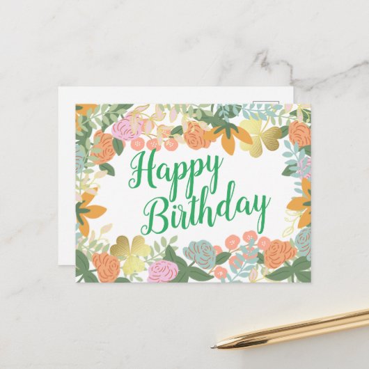 Roos Bloom Clover Happy Birthday Briefkaart (Voorkant / Achterkant in situ)