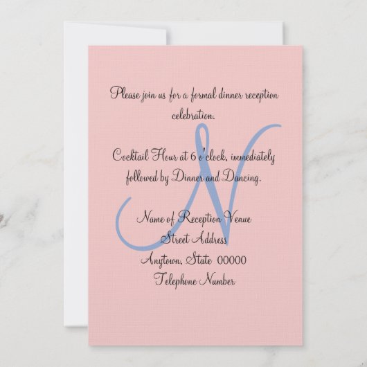 Roos Blue Monogram Receptie Kaart (Achterkant)