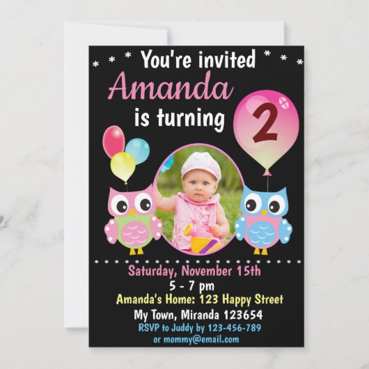 Roos Blue Owl verjaardaguitnodiging Kaart (Voorkant)