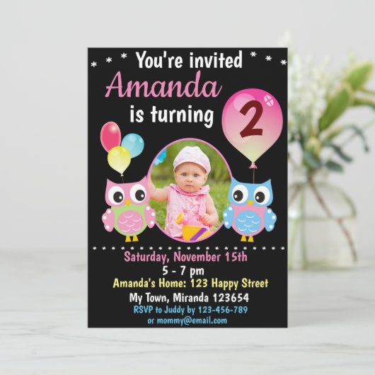 Roos Blue Owl verjaardaguitnodiging Kaart (Staand voorkant)