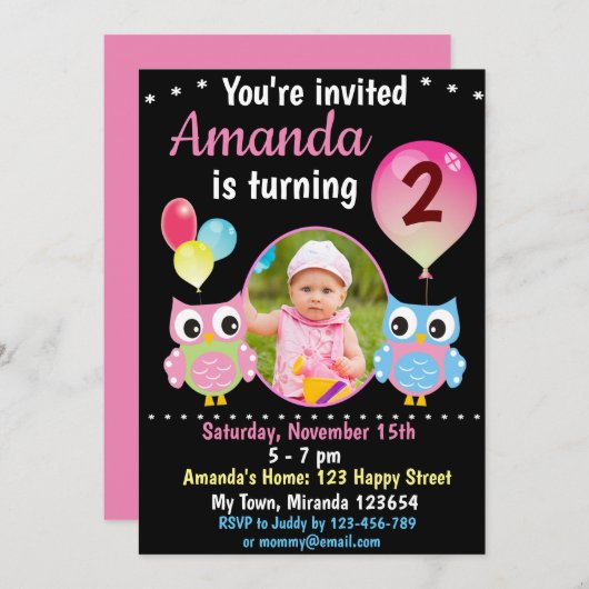 Roos Blue Owl verjaardaguitnodiging Kaart (Voorkant / Achterkant)