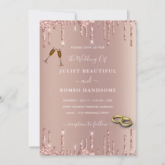 Roos Blush Glitter Drift Rings Wedding Invitation (Voorkant)